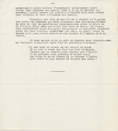 Reproduction de la sixi&egrave;me page du texte du discours de Robert Gauthier, directeur de l’enseignement fran&ccedil;ais de l’Ontario, prononc&eacute; au congr&egrave;s r&eacute;gional de l’Association canadienne-fran&ccedil;aise d’&eacute;ducation d’Ontario, le 9 octobre 1942, &agrave; Windsor (Ontario), au sujet de la cr&eacute;ation de nouvelles &eacute;coles secondaires publiques en Ontario fran&ccedil;ais, 1942.