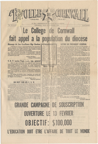 Reproduction de la premi&egrave;re page du num&eacute;ro sp&eacute;cial de L’&eacute;toile de Cornwall lors de la campagne de souscription en faveur du Coll&egrave;ge classique de Cornwall (Ontario), 10 f&eacute;vrier 1955.