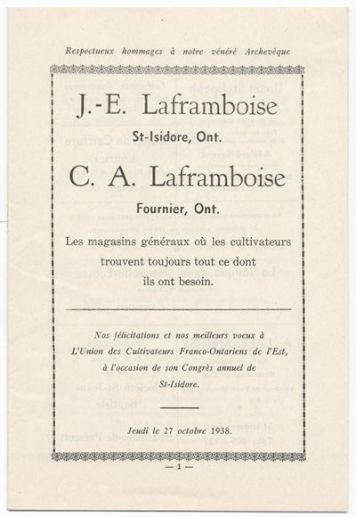 Reproduction d’une annonce publicitaire des magasins g&eacute;n&eacute;raux J.-E. Laframboise, Saint-Isidore (Ontario), C. A. Laframboise, Fournier (Ontario), parue dans le programme du congr&egrave;s de l’Union des cultivateurs franco-ontariens (UCFO), 27 octobre 1938, 1938.