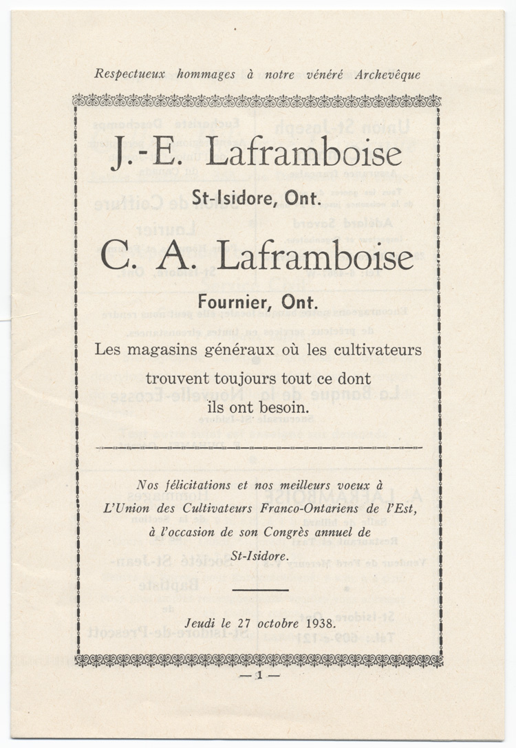 Reproduction d’une annonce publicitaire des magasins g&eacute;n&eacute;raux J.-E. Laframboise, Saint-Isidore (Ontario), C. A. Laframboise, Fournier (Ontario), parue dans le programme du congr&egrave;s de l’Union des cultivateurs franco-ontariens (UCFO), 27 octobre 1938, 1938.
