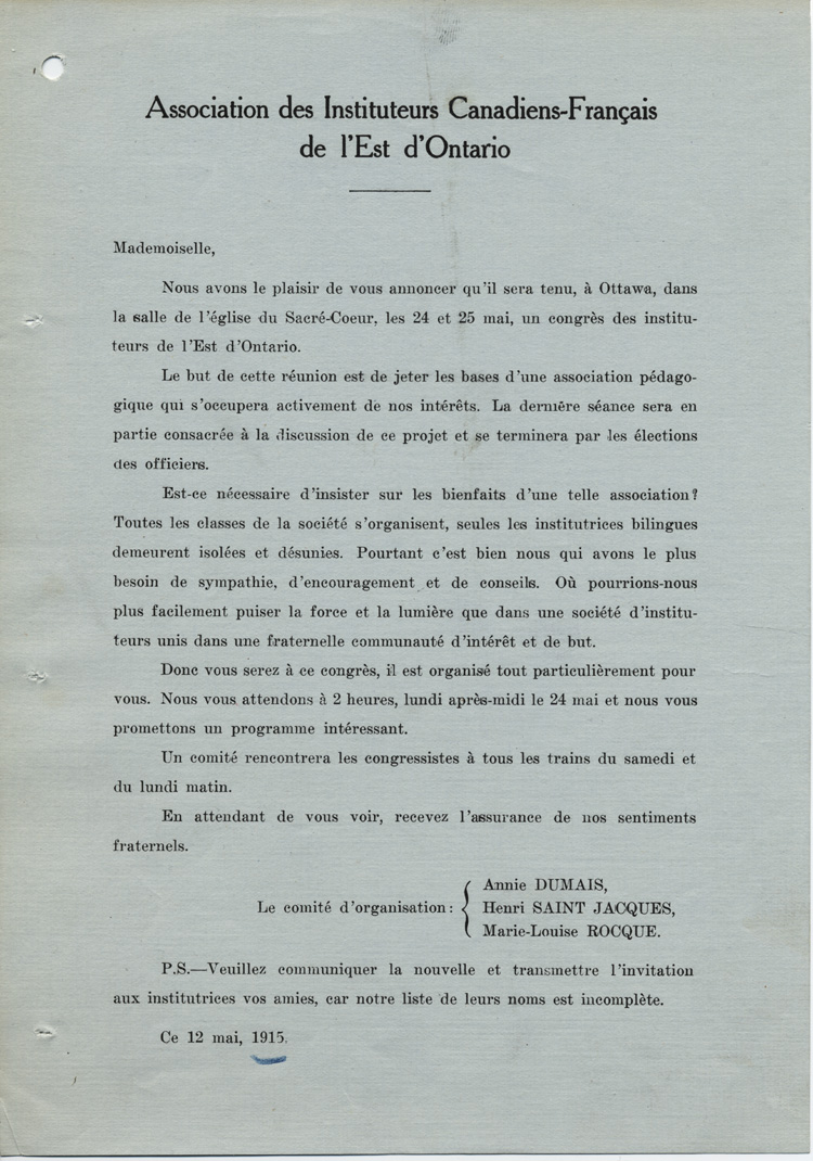 Reproduction de la lettre d’invitation au congrès de l’Association des instituteurs canadiens-français de l’Est d’Ontario (AICFEO), tenu à Ottawa, les 24 et 25 mai 1915, par le comité organisateur formé de Marie-Louise Rocque, Annie Dumais et Henri Saint-Jacques, 12 mai 1915.