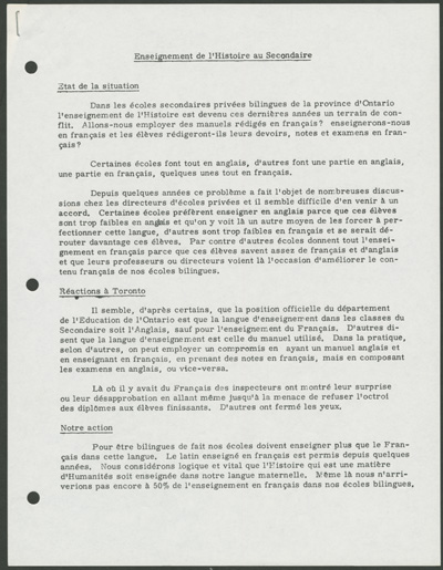Reproduction de la premi&egrave;re page de Enseignement de l’histoire au secondaire, rapport du sous-comit&eacute; d’histoire, section de l’enseignement secondaire de l’Association des enseignants franco-ontariens (AEFO), [1964].