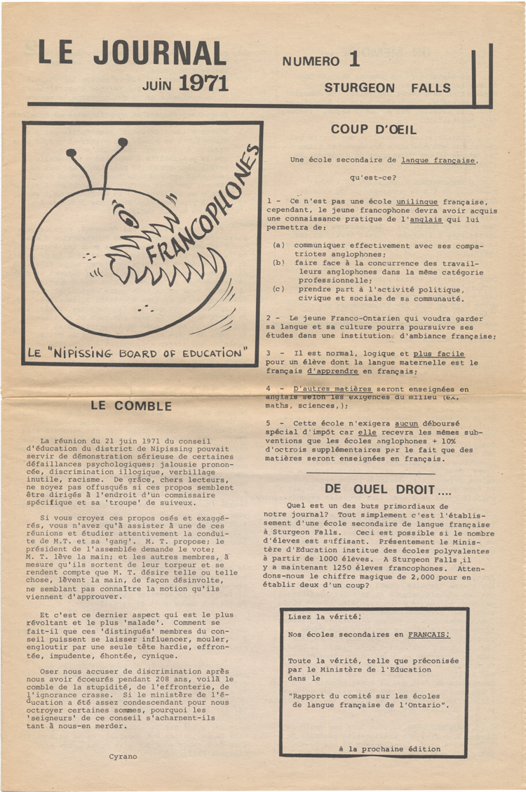 Reproduction de la première page du premier numéro de Le Journal, comprenant un article intitulé Coup d·oeil et une caricature au sujet du Conseil scolaire de Nipissing (Ontario), juin 1971.