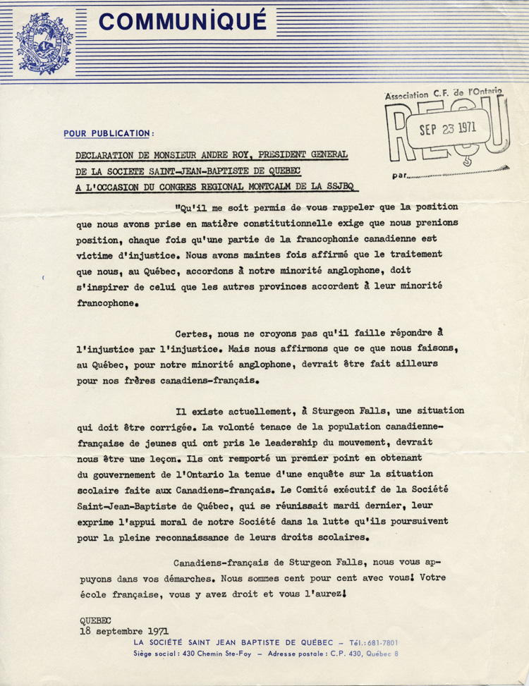 Reproduction d’un communiqué de presse de la Société Saint-Jean-Baptiste de Québec, comprenant une déclaration de son président général, André Roy, appuyant les francophones de Sturgeon Falls (Ontario), 18 septembre 1971.