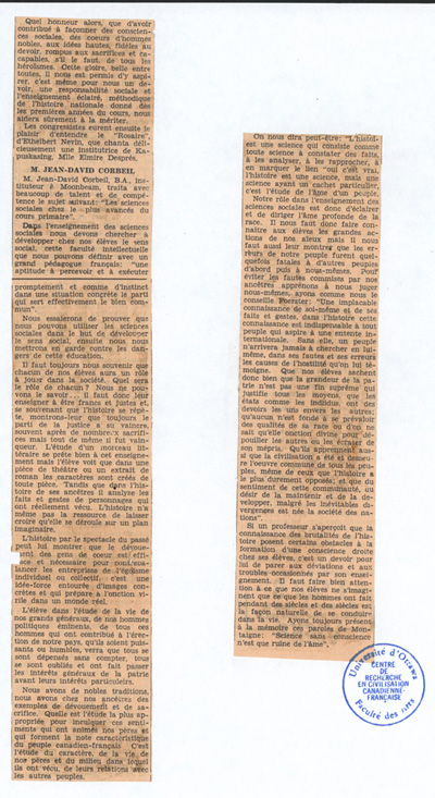 Reproduction de la troisi&egrave;me partie d’un article paru dans le journal Le Droit au sujet du congr&egrave;s tenu dans le district d’inspection de Cochrane-Nord, &agrave; Kapuskasing (Ontario), le 19 octobre 1939, et organis&eacute; par l’Association de l’enseignement fran&ccedil;ais de l’Ontario, 27 octobre 1939.