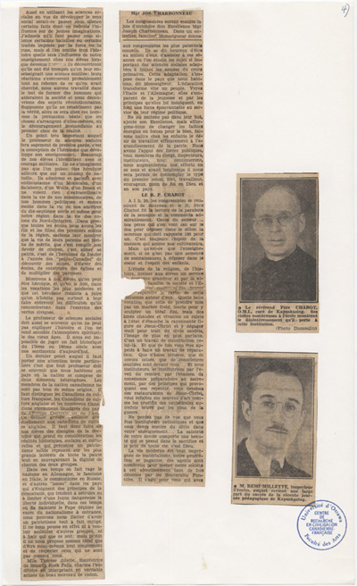Reproduction de la quatri&egrave;me partie d’un article paru dans le journal Le Droit au sujet du congr&egrave;s tenu dans le district d’inspection de Cochrane-Nord, &agrave; Kapuskasing (Ontario), le 19 octobre 1939, et organis&eacute; par l’Association de l’enseignement fran&ccedil;ais de l’Ontario, 27 octobre 1939.