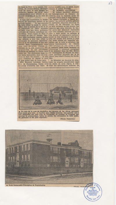 Reproduction de la cinqui&egrave;me partie d’un article paru dans le journal Le Droit au sujet du congr&egrave;s tenu dans le district d’inspection de Cochrane-Nord, &agrave; Kapuskasing (Ontario), le 19 octobre 1939, et organis&eacute; par l’Association de l’enseignement fran&ccedil;ais de l’Ontario, 27 octobre 1939.