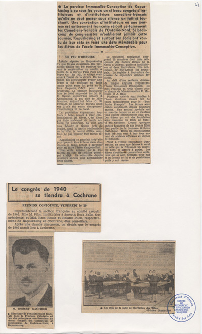 Reproduction de la sixi&egrave;me partie d’un article paru dans le journal Le Droit au sujet du congr&egrave;s tenu dans le district d’inspection de Cochrane-Nord, &agrave; Kapuskasing (Ontario), le 19 octobre 1939, et organis&eacute; par l’Association de l’enseignement fran&ccedil;ais de l’Ontario, 27 octobre 1939.
