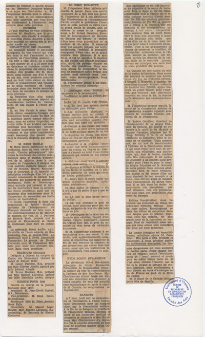 Reproduction de la septi&egrave;me partie d’un article paru dans le journal Le Droit au sujet du congr&egrave;s tenu dans le district d’inspection de Cochrane-Nord, &agrave; Kapuskasing (Ontario), le 19 octobre 1939, et organis&eacute; par l’Association de l’enseignement fran&ccedil;ais de l’Ontario, 27 octobre 1939.