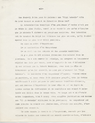 Reproduction de la dixi&egrave;me page du rapport de Ad&eacute;lard Lajeunesse intitul&eacute;, Nos High Schools et l’enseignement du fran&ccedil;ais, et pr&eacute;sent&eacute; au congr&egrave;s de l’Association canadienne-fran&ccedil;aise d’&eacute;ducation d’Ontario de 1938 &agrave; Rockland (Ontario), 1938.