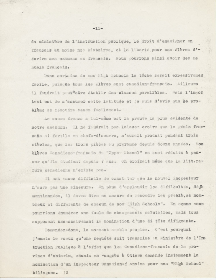Reproduction de la onzième page du rapport de Adélard Lajeunesse intitulé, Nos High Schools et l’enseignement du français, et présenté au congrès de l’Association canadienne-française d’éducation d’Ontario de 1938 à Rockland (Ontario), 1938.