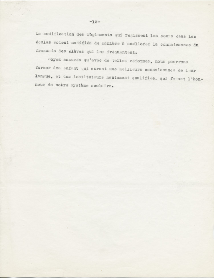 Reproduction de la douzième page du rapport de Adélard Lajeunesse intitulé, Nos High Schools et l’enseignement du français, et présenté au congrès de l’Association canadienne-française d’éducation d’Ontario de 1938 à Rockland (Ontario), 1938.
