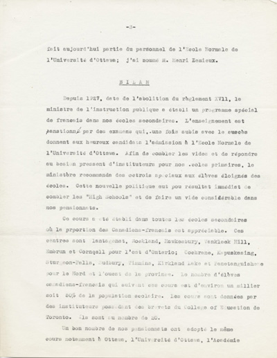 Reproduction de la troisi&egrave;me page du rapport de Ad&eacute;lard Lajeunesse intitul&eacute;, Nos High Schools et l’enseignement du fran&ccedil;ais, et pr&eacute;sent&eacute; au congr&egrave;s de l’Association canadienne-fran&ccedil;aise d’&eacute;ducation d’Ontario de 1938 &agrave; Rockland (Ontario), 1938.
