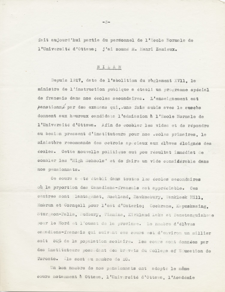 Reproduction de la troisième page du rapport de Adélard Lajeunesse intitulé, Nos High Schools et l’enseignement du français, et présenté au congrès de l’Association canadienne-française d’éducation d’Ontario de 1938 à Rockland (Ontario), 1938.