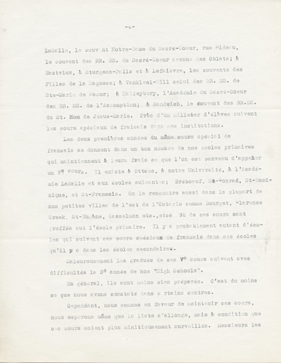 Reproduction de la quatri&egrave;me page du rapport de Ad&eacute;lard Lajeunesse intitul&eacute;, Nos High Schools et l’enseignement du fran&ccedil;ais, et pr&eacute;sent&eacute; au congr&egrave;s de l’Association canadienne-fran&ccedil;aise d’&eacute;ducation d’Ontario de 1938 &agrave; Rockland (Ontario), 1938.