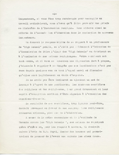 Reproduction de la cinqui&egrave;me page du rapport de Ad&eacute;lard Lajeunesse intitul&eacute;, Nos High Schools et l’enseignement du fran&ccedil;ais, et pr&eacute;sent&eacute; au congr&egrave;s de l’Association canadienne-fran&ccedil;aise d’&eacute;ducation d’Ontario de 1938 &agrave; Rockland (Ontario), 1938.