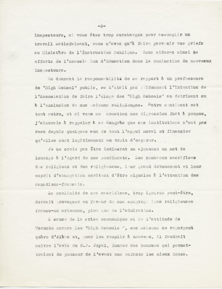 Reproduction de la cinquième page du rapport de Adélard Lajeunesse intitulé, Nos High Schools et l’enseignement du français, et présenté au congrès de l’Association canadienne-française d’éducation d’Ontario de 1938 à Rockland (Ontario), 1938.