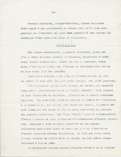 Reproduction de la sixi&egrave;me page du rapport de Ad&eacute;lard Lajeunesse intitul&eacute;, Nos High Schools et l’enseignement du fran&ccedil;ais, et pr&eacute;sent&eacute; au congr&egrave;s de l’Association canadienne-fran&ccedil;aise d’&eacute;ducation d’Ontario de 1938 &agrave; Rockland (Ontario), 1938.