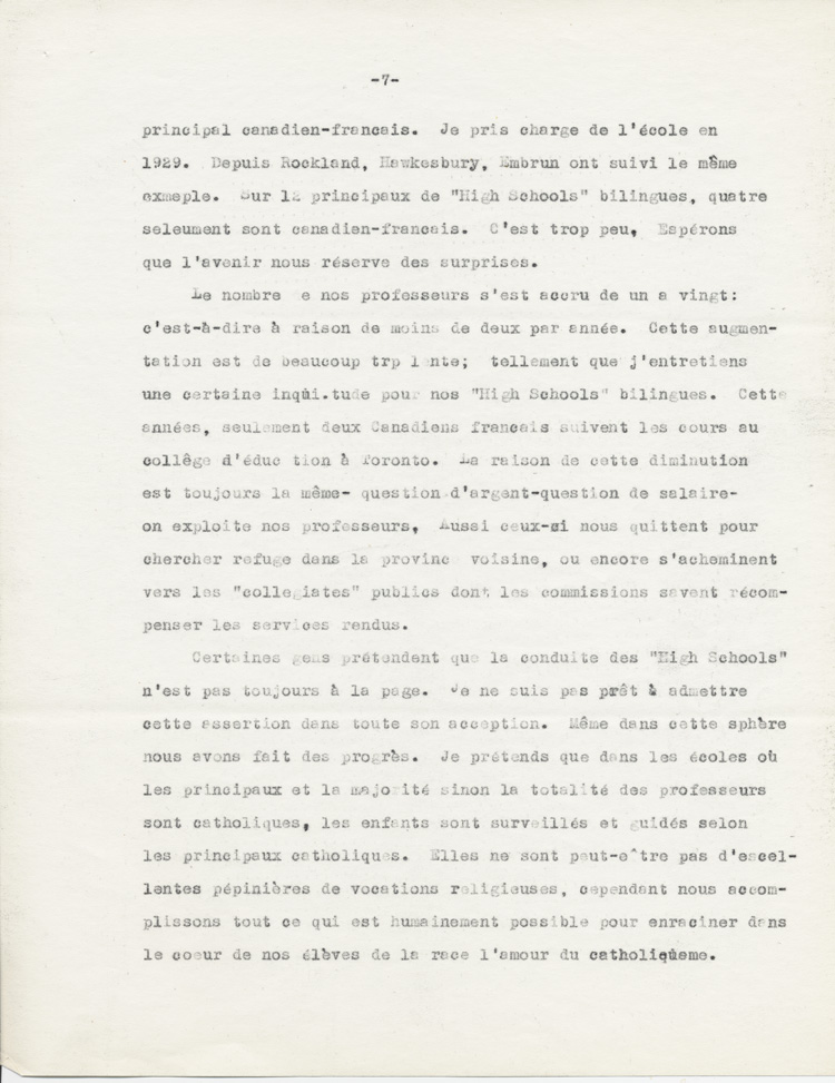 Reproduction de la septième page du rapport de Adélard Lajeunesse intitulé, Nos High Schools et l’enseignement du français, et présenté au congrès de l’Association canadienne-française d’éducation d’Ontario de 1938 à Rockland (Ontario), 1938.