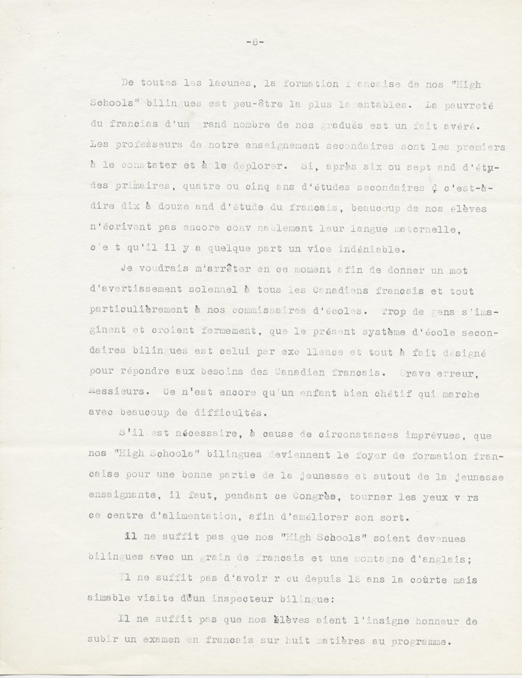 Reproduction de la huitième page du rapport de Adélard Lajeunesse intitulé, Nos High Schools et l’enseignement du français, et présenté au congrès de l’Association canadienne-française d’éducation d’Ontario de 1938 à Rockland (Ontario), 1938.