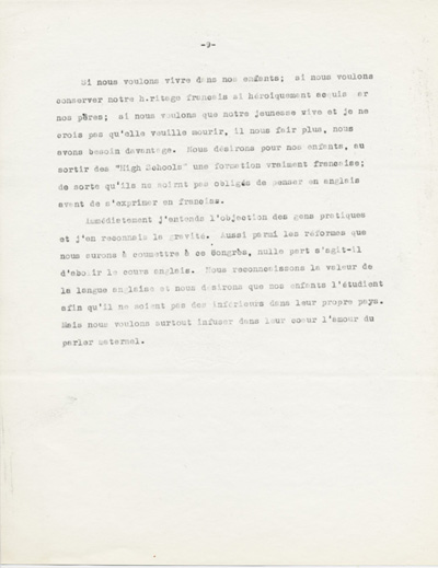 Reproduction de la neuvi&egrave;me page du rapport de Ad&eacute;lard Lajeunesse intitul&eacute;, Nos High Schools et l’enseignement du fran&ccedil;ais, et pr&eacute;sent&eacute; au congr&egrave;s de l’Association canadienne-fran&ccedil;aise d’&eacute;ducation d’Ontario de 1938 &agrave; Rockland (Ontario), 1938.