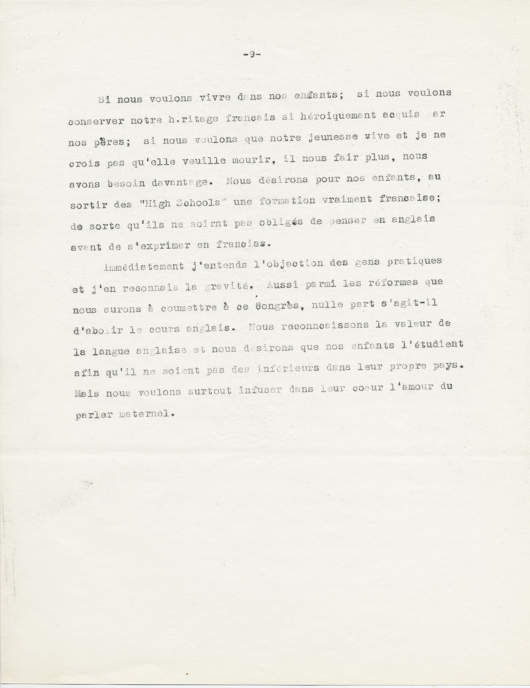 Reproduction de la neuvième page du rapport de Adélard Lajeunesse intitulé, Nos High Schools et l’enseignement du français, et présenté au congrès de l’Association canadienne-française d’éducation d’Ontario de 1938 à Rockland (Ontario), 1938.