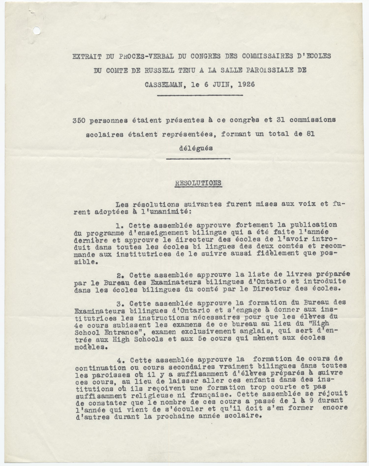 Reproduction de la première page d’un extrait du procès-verbal du congrès des commissaires d’écoles du comté de Russell tenu à la salle paroissiale de Casselman (Ontario), le 6 juin 1926, 1926.