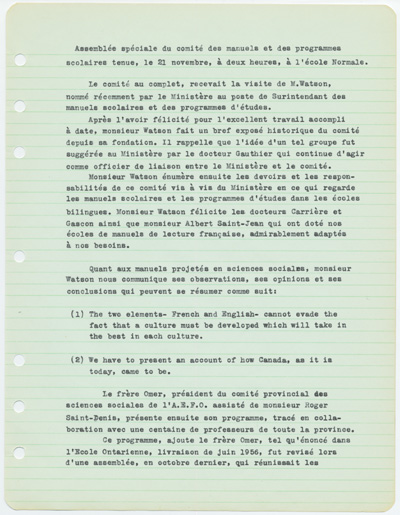 Reproduction de la premi&egrave;re page du proc&egrave;s-verbal de l’assembl&eacute;e du Comit&eacute; minist&eacute;riel des manuels et des programmes d’&eacute;tudes pour les &eacute;coles bilingues de l’Ontario, tenue le 21 novembre 1956 &agrave; l’&Eacute;cole normale de l’Universit&eacute; d’Ottawa, 1956.