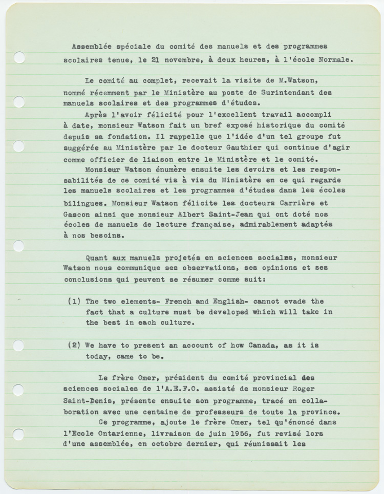 Reproduction de la premi&egrave;re page du proc&egrave;s-verbal de l’assembl&eacute;e du Comit&eacute; minist&eacute;riel des manuels et des programmes d’&eacute;tudes pour les &eacute;coles bilingues de l’Ontario, tenue le 21 novembre 1956 &agrave; l’&Eacute;cole normale de l’Universit&eacute; d’Ottawa, 1956.
