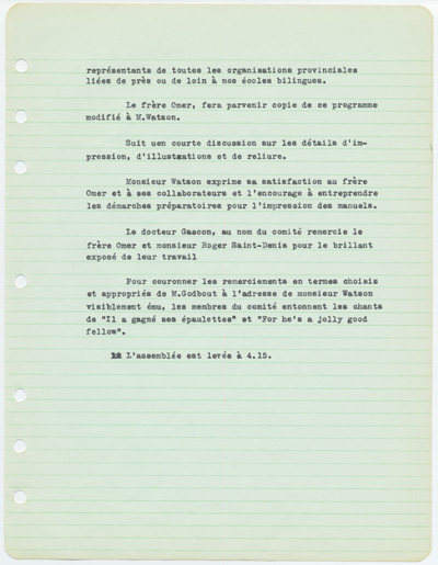 Reproduction de la deuxi&egrave;me page du proc&egrave;s-verbal de l’assembl&eacute;e du Comit&eacute; minist&eacute;riel des manuels et des programmes d’&eacute;tudes pour les &eacute;coles bilingues de l’Ontario, tenue le 21 novembre 1956 &agrave; l’&Eacute;cole normale de l’Universit&eacute; d’Ottawa, 1956.