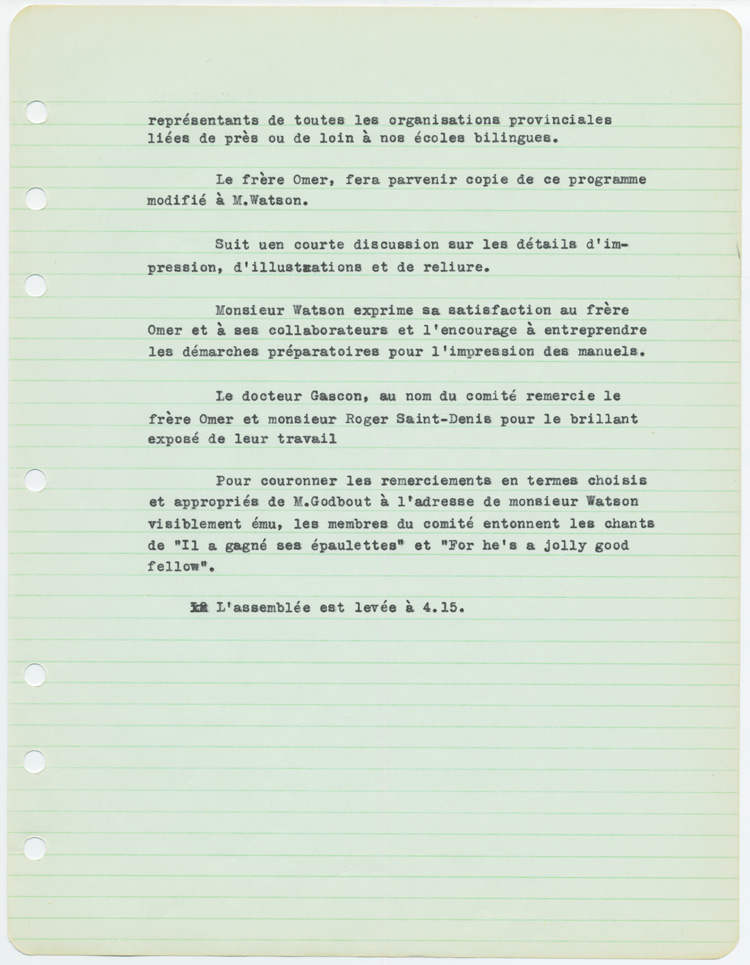 Reproduction de la deuxi&egrave;me page du proc&egrave;s-verbal de l’assembl&eacute;e du Comit&eacute; minist&eacute;riel des manuels et des programmes d’&eacute;tudes pour les &eacute;coles bilingues de l’Ontario, tenue le 21 novembre 1956 &agrave; l’&Eacute;cole normale de l’Universit&eacute; d’Ottawa, 1956.