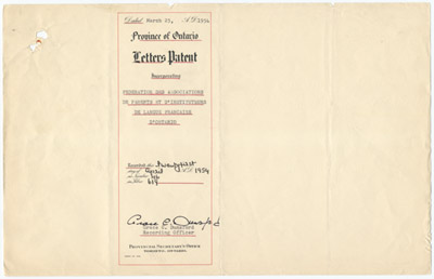 Reproduction de la premi&egrave;re page des lettres patentes de la F&eacute;d&eacute;ration des associations de parents et d’instituteurs de langue fran&ccedil;aise d’Ontario (FAPI), 21 avril 1954.