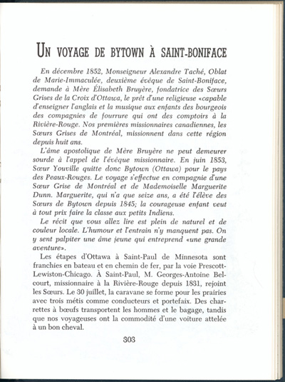 Reproduction de la trois cent troisi&egrave;me page du manuel Vers l’avenir de Ad&eacute;lard Gascon et Laurier Carri&egrave;re comprenant un r&eacute;cit de soeur Paul-&Eacute;mile, s.c.o., intitul&eacute; Un voyage de Bytown &agrave; Saint-Boniface, 1956.