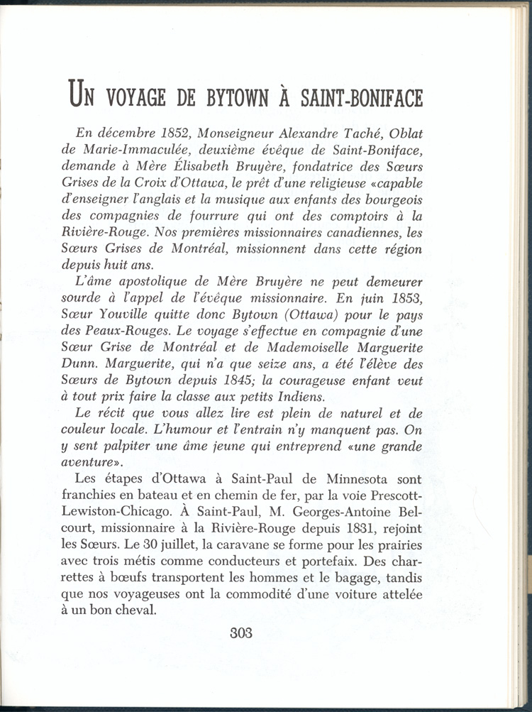 Reproduction de la trois cent troisi&egrave;me page du manuel Vers l’avenir de Ad&eacute;lard Gascon et Laurier Carri&egrave;re comprenant un r&eacute;cit de soeur Paul-&Eacute;mile, s.c.o., intitul&eacute; Un voyage de Bytown &agrave; Saint-Boniface, 1956.