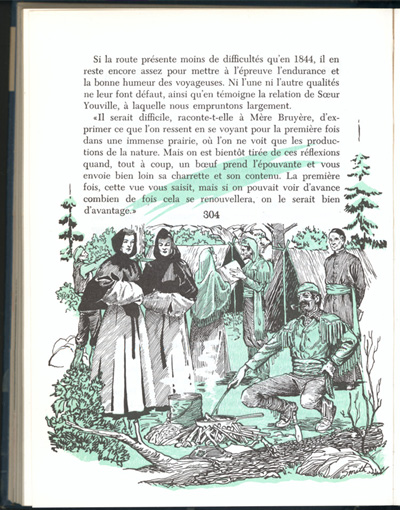 Reproduction de la trois cent quatri&egrave;me page du manuel Vers l’avenir de Ad&eacute;lard Gascon et Laurier Carri&egrave;re comprenant un r&eacute;cit de soeur Paul-&Eacute;mile, s.c.o., intitul&eacute; Un voyage de Bytown &agrave; Saint-Boniface, 1956.