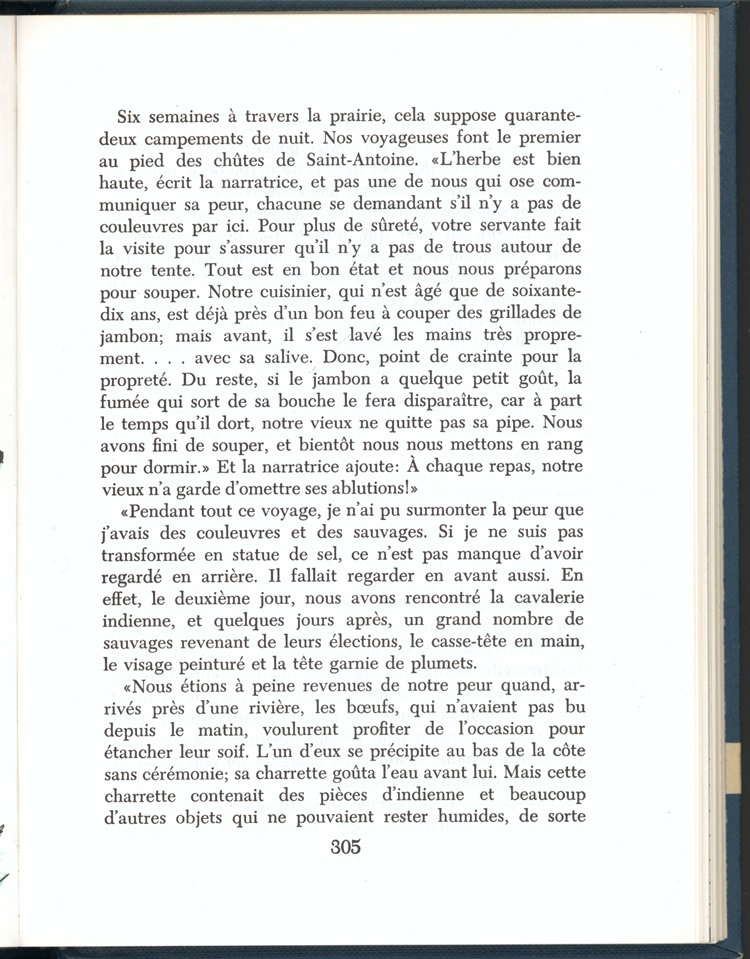 Reproduction de la trois cent cinqi&egrave;me page du manuel Vers l’avenir de Ad&eacute;lard Gascon et Laurier Carri&egrave;re comprenant un r&eacute;cit de soeur Paul-&Eacute;mile, s.c.o., intitul&eacute; Un voyage de Bytown &agrave; Saint-Boniface, 1956.
