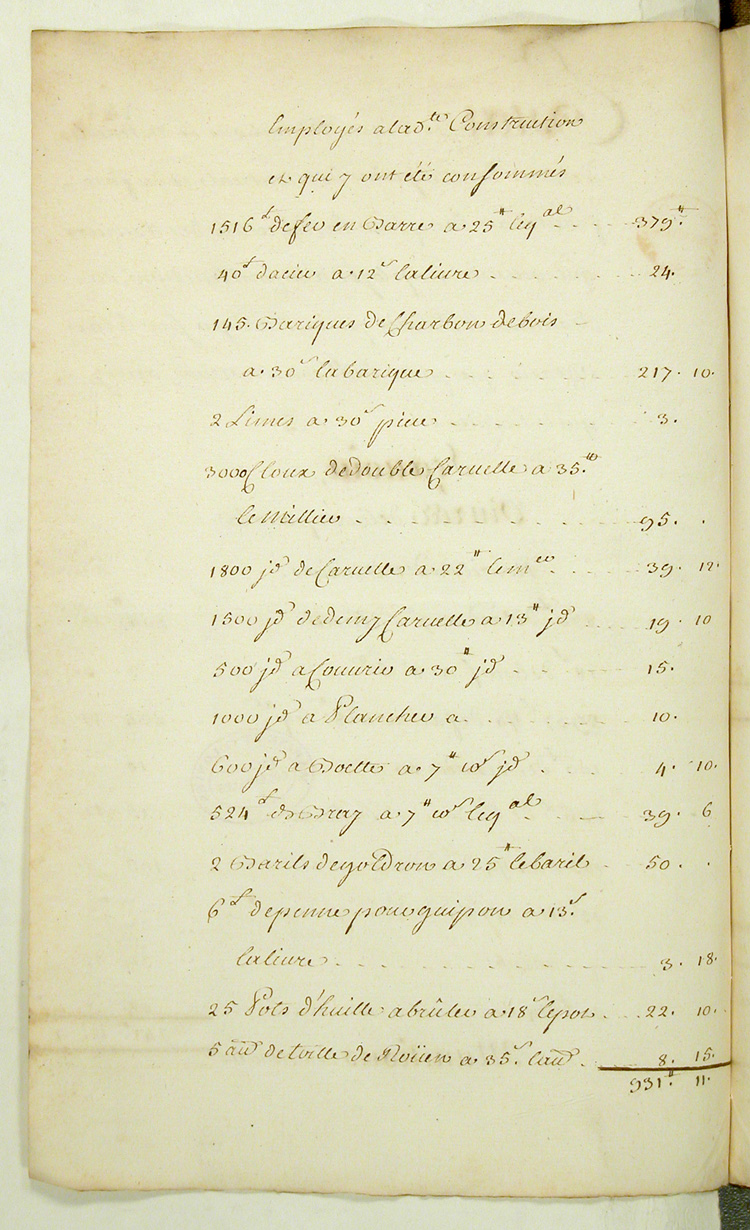 Reproduction du verso du cent quarante-quatri&egrave;me folio du soixante-deuxi&egrave;me volume de la Correspondance g&eacute;n&eacute;rale Canada, comprenant un &eacute;tat des vivres, munitions et ustensiles d&eacute;livr&eacute;s des magasins de Montr&eacute;al et du fort Frontenac pour la nourriture des ouvriers employ&eacute;s &agrave; la construction du bateau Saint-Louis et pour la dite construction, 15 juillet 1734.