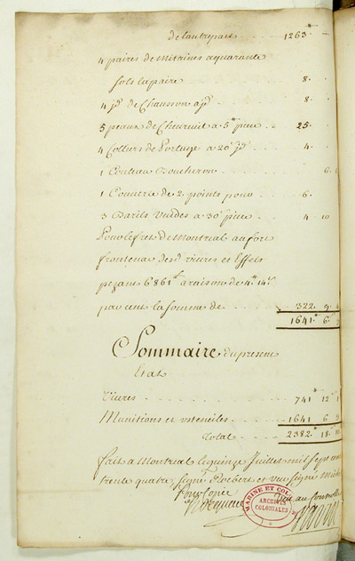 Reproduction du verso du cent quarante-cinqui&egrave;me folio du soixante-deuxi&egrave;me volume de la Correspondance g&eacute;n&eacute;rale Canada, comprenant un &eacute;tat des vivres, munitions et ustensiles d&eacute;livr&eacute;s des magasins de Montr&eacute;al et du fort Frontenac pour la nourriture des ouvriers employ&eacute;s &agrave; la construction du bateau Saint-Louis et pour la dite construction, 15 juillet 1734.