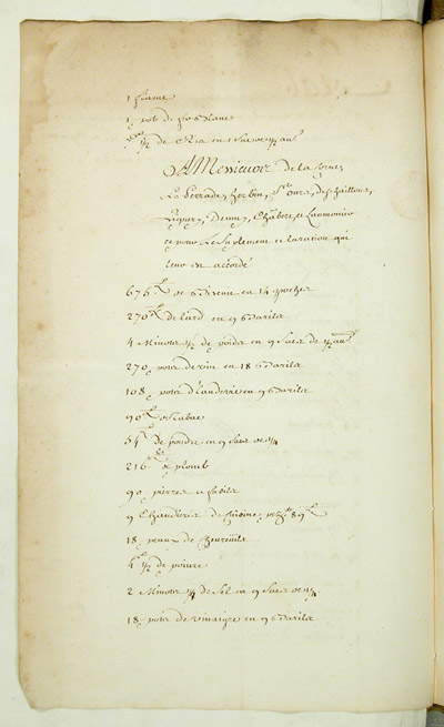Reproduction du verso du cent quarante-neuvi&egrave;me folio du soixante-deuxi&egrave;me volume de la Correspondance g&eacute;n&eacute;rale Canada, comprenant un &eacute;tat des vivres, munitions et ustensiles envoy&eacute;s des magasins du roi &agrave; Montr&eacute;al pour un party command&eacute; par monsieur de Noyelle allant en guerre contre les sauvages Renards, 6 septembre 1734.