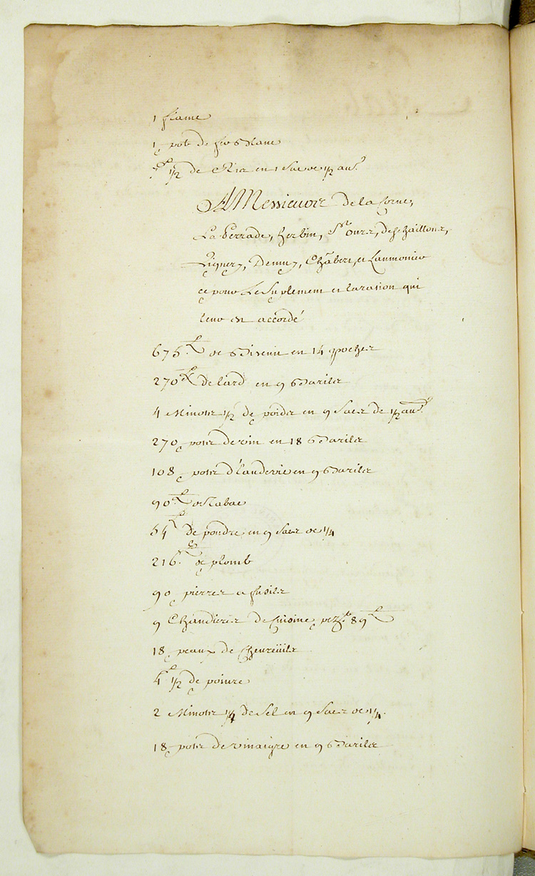 Reproduction du verso du cent quarante-neuvi&egrave;me folio du soixante-deuxi&egrave;me volume de la Correspondance g&eacute;n&eacute;rale Canada, comprenant un &eacute;tat des vivres, munitions et ustensiles envoy&eacute;s des magasins du roi &agrave; Montr&eacute;al pour un party command&eacute; par monsieur de Noyelle allant en guerre contre les sauvages Renards, 6 septembre 1734.