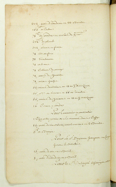 Reproduction du verso du cent cinquanti&egrave;me folio du soixante-deuxi&egrave;me volume de la Correspondance g&eacute;n&eacute;rale Canada, comprenant un &eacute;tat des vivres, munitions et ustensiles envoy&eacute;s des magasins du roi &agrave; Montr&eacute;al pour un party command&eacute; par monsieur de Noyelle allant en guerre contre les sauvages Renards, 6 septembre 1734.