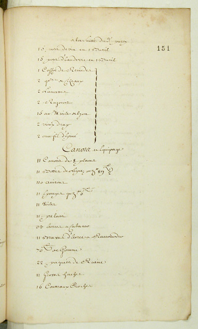 Reproduction du recto du cent cinquante et uni&egrave;me folio du soixante-deuxi&egrave;me volume de la Correspondance g&eacute;n&eacute;rale Canada, comprenant un &eacute;tat des vivres, munitions et ustensiles envoy&eacute;s des magasins du roi &agrave; Montr&eacute;al pour un party command&eacute; par monsieur de Noyelle allant en guerre contre les sauvages Renards, 6 septembre 1734.