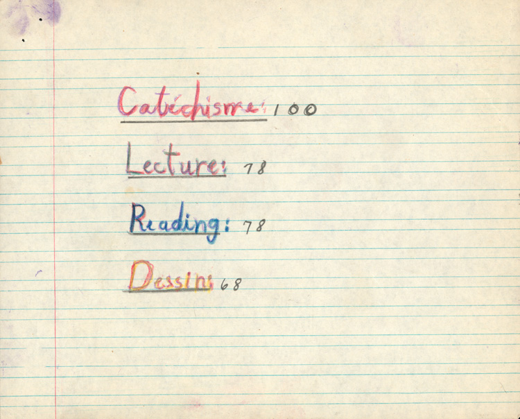 Reproduction de la premi&egrave;re page du cahier d’examen de d&eacute;cembre 1945 de Jacques Faucher, &eacute;l&egrave;ve de quatri&egrave;me ann&eacute;e &agrave; l’&eacute;cole Guigues, Ottawa (Ontario), comprenant ses r&eacute;sultats en cat&eacute;chisme, lecture, reading et dessin, 1945.