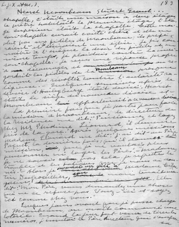 Reproduction de la cent quatre-vingt-troisi&egrave;me page du r&eacute;cit du p&egrave;re oblat Joseph-&Eacute;tienne Guinard d&eacute;crivant ses activit&eacute;s missionnaires &agrave; Hearst, Moonbeam, Stevert, Grant, Pagwa, Kowkash, Kapuskasing, 1918.