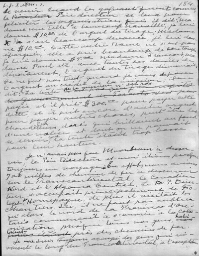 Reproduction de la cent quatre-vingt-quatri&egrave;me page du r&eacute;cit du p&egrave;re oblat Joseph-&Eacute;tienne Guinard d&eacute;crivant ses activit&eacute;s missionnaires &agrave; Hearst, Moonbeam, Stevert, Grant, Pagwa, Kowkash, Kapuskasing, 1918.