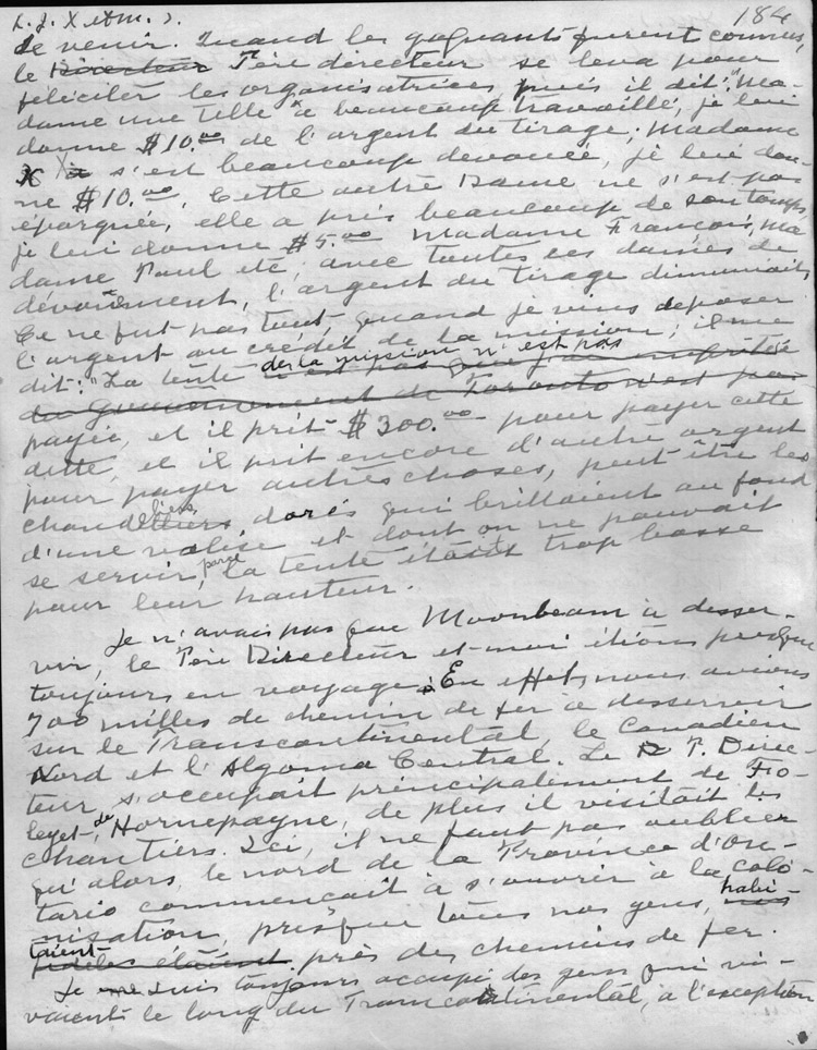 Reproduction de la cent quatre-vingt-quatri&egrave;me page du r&eacute;cit du p&egrave;re oblat Joseph-&Eacute;tienne Guinard d&eacute;crivant ses activit&eacute;s missionnaires &agrave; Hearst, Moonbeam, Stevert, Grant, Pagwa, Kowkash, Kapuskasing, 1918.