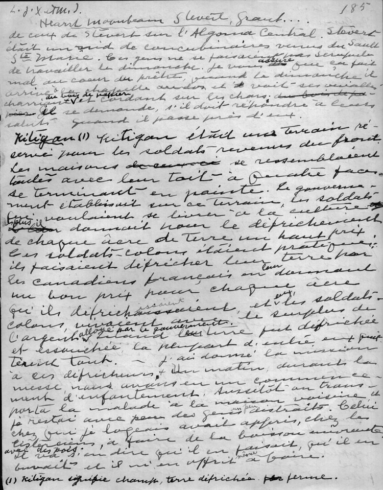 Reproduction de la cent quatre-vingt-cinqui&egrave;me page du r&eacute;cit du p&egrave;re oblat Joseph-&Eacute;tienne Guinard d&eacute;crivant ses activit&eacute;s missionnaires &agrave; Hearst, Moonbeam, Stevert, Grant, Pagwa, Kowkash, Kapuskasing, 1918.