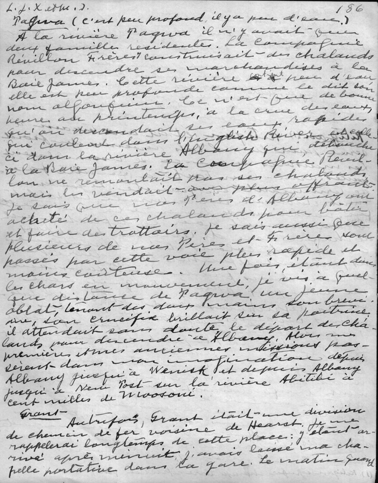 Reproduction de la cent quatre-vingt-sixi&egrave;me page du r&eacute;cit du p&egrave;re oblat Joseph-&Eacute;tienne Guinard d&eacute;crivant ses activit&eacute;s missionnaires &agrave; Hearst, Moonbeam, Stevert, Grant, Pagwa, Kowkash, Kapuskasing, 1918.