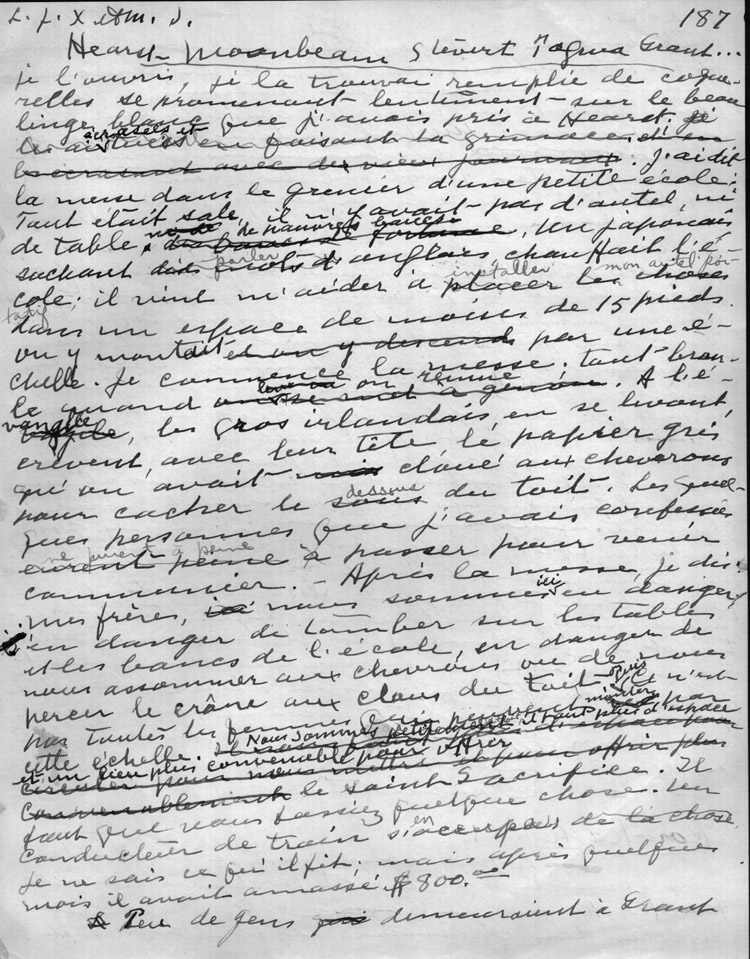 Reproduction de la cent-quatre-vingt-septi&egrave;me page du r&eacute;cit du p&egrave;re oblat Joseph-&Eacute;tienne Guinard d&eacute;crivant ses activit&eacute;s missionnaires &agrave; Hearst, Moonbeam, Stevert, Grant, Pagwa, Kowkash, Kapuskasing, 1918.