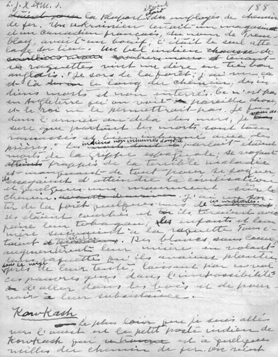 Reproduction de la cent quatre-vingt-huiti&egrave;me page du r&eacute;cit du p&egrave;re oblat Joseph-&Eacute;tienne Guinard d&eacute;crivant ses activit&eacute;s missionnaires &agrave; Hearst, Moonbeam, Stevert, Grant, Pagwa, Kowkash, Kapuskasing, 1918.